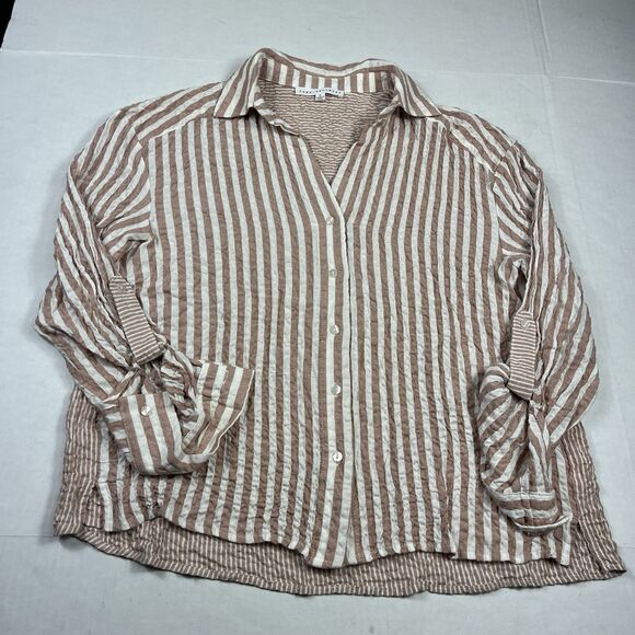 Jane + Delancey Textured Crinkle Button Down Shirt Striped Long Sleeve Coastal S - Picture 1 of 10